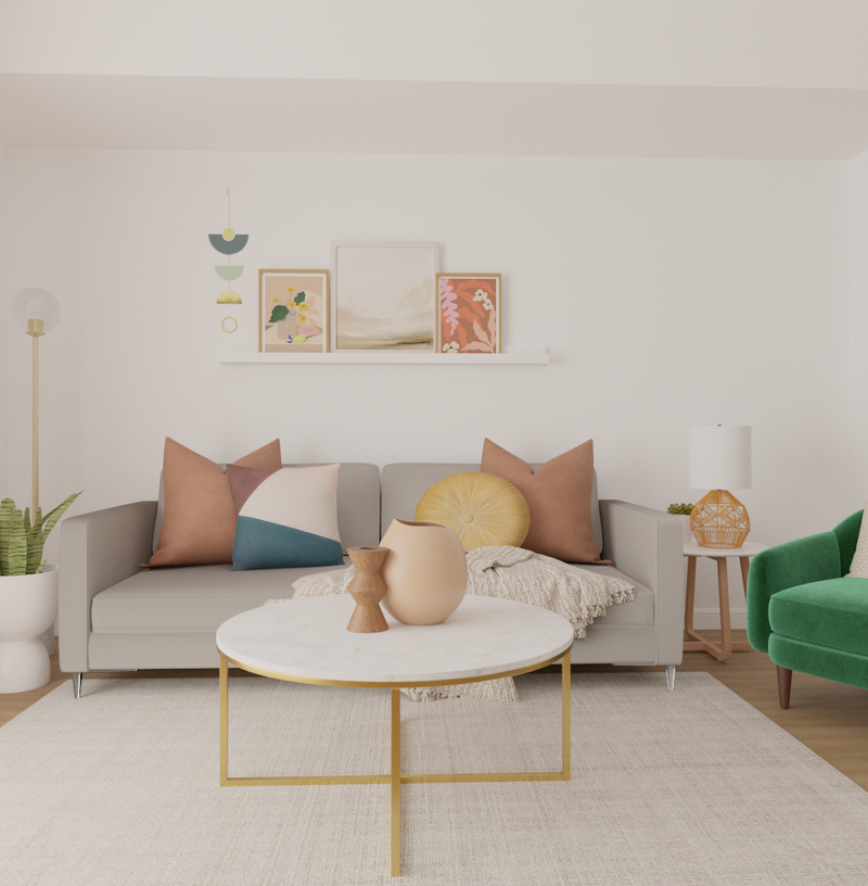 Bohemian, Midcentury Modern, Warm Transitional Living Room Design by Havenly Interior Designer Estrellita