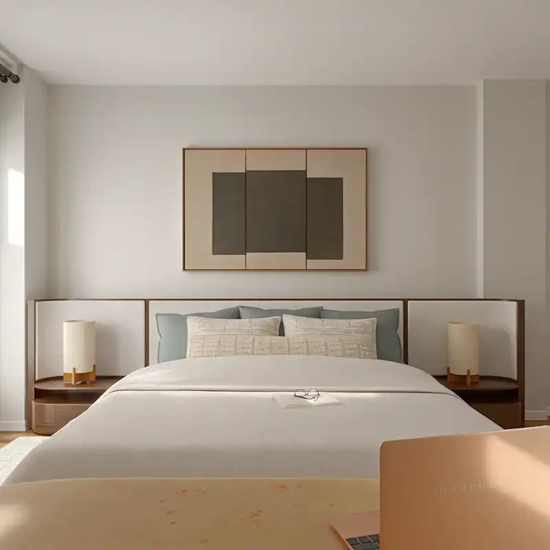 Midcentury Modern, Midcentury Scandi, Warm Transitional Bedroom Design by Havenly Interior Designer Andrew